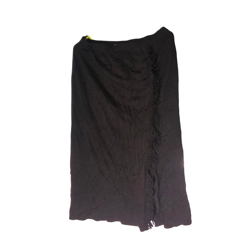 Vintage Black Acrylic Knit Faux Wrap Skirt Asymmetrical Fringe Trim Petite M